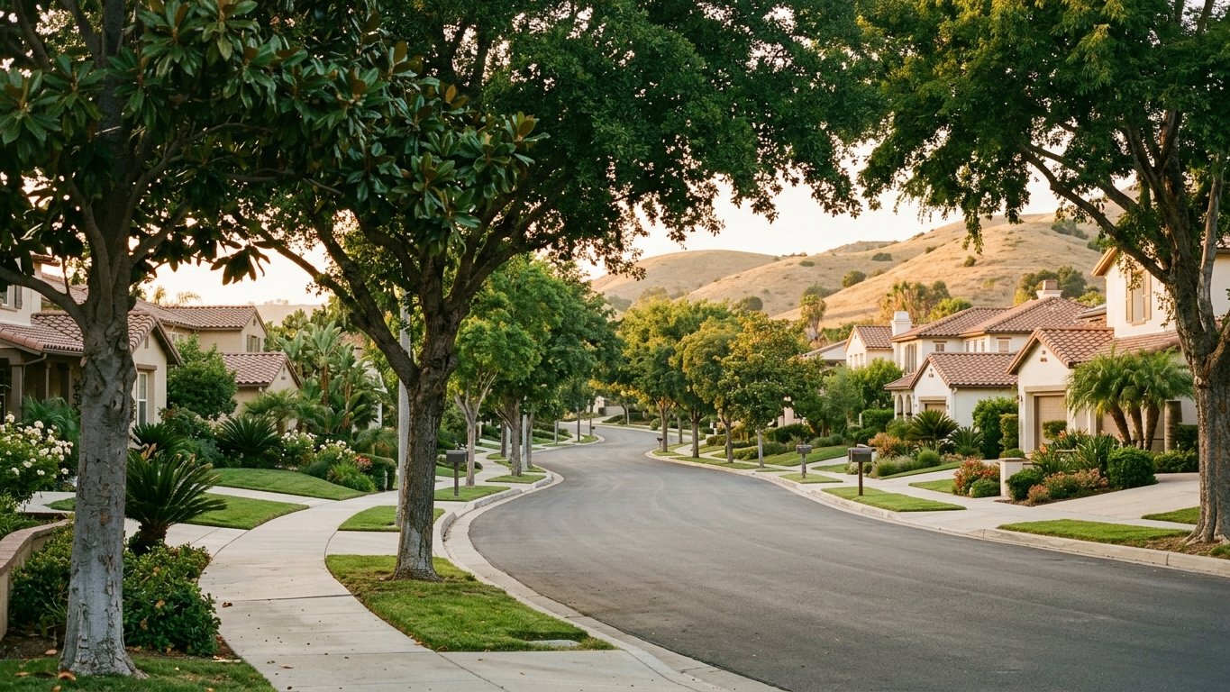 Residential streets and tree canopy in the Orange County area